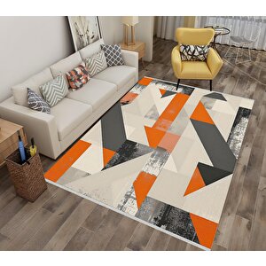 Pamuk Dokuma Taban Halı – Turuncu; Siyah; Gri; Krem – Geometrik Desen, Makinede Yıkanabilir, Kolay Temizlenebilir, Toz Ve Tüy Tutmaz, Kaymaz, Evcil Hayvan Dostu