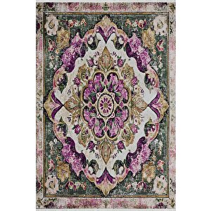 Pamuk Tabanlı Kaymaz Halı – Mor; Yeşil; Bej – Oriental Desen, Pamuk Dokuma Taban, Makinede Yıkanabilir, Kolay Temizlenebilir, Toz Ve Tüy Tutmaz, Kaymaz, Evcil Hayvan Dostu 200x270 cm