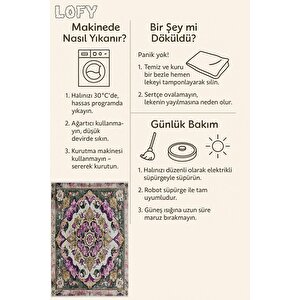 Pamuk Tabanlı Kaymaz Halı – Mor; Yeşil; Bej – Oriental Desen, Pamuk Dokuma Taban, Makinede Yıkanabilir, Kolay Temizlenebilir, Toz Ve Tüy Tutmaz, Kaymaz, Evcil Hayvan Dostu 200x270 cm