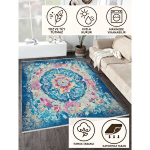 Yıkanabilir Halı – Mavi; Pembe; Sarı; Krem – Geleneksel Desen, Pamuk Dokuma Taban, Makinede Yıkanabilir, Kolay Temizlenebilir, Toz Ve Tüy Tutmaz, Kaymaz, Evcil Hayvan Dostu 160x350 cm