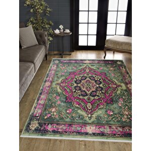 Pamuk Tabanlı Kaymaz Halı – Yeşil; Mor; Krem – Oriental Desen, Pamuk Dokuma Taban, Makinede Yıkanabilir, Kolay Temizlenebilir, Toz Ve Tüy Tutmaz, Kaymaz, Evcil Hayvan Dostu 180x270 cm
