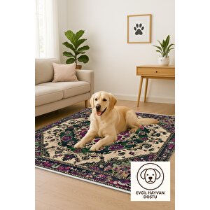 Pamuk Tabanlı Kaymaz Halı – Yeşil; Mor; Bej – Oriental Desen, Makinede Yıkanabilir, Kolay Temizlenebilir, Toz Ve Tüy Tutmaz, Evcil Hayvan Dostu
