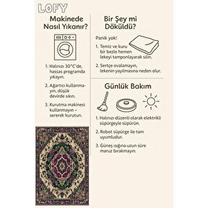 Pamuk Tabanlı Kaymaz Halı – Yeşil; Mor; Bej – Oriental Desen, Makinede Yıkanabilir, Kolay Temizlenebilir, Toz Ve Tüy Tutmaz, Evcil Hayvan Dostu