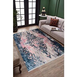 Pamuk Tabanlı Kaymaz Halı – Lacivert; Pembe; Krem – Damask Desen, Makinede Yıkanabilir, Kolay Temizlenebilir, Toz Ve Tüy Tutmaz, Evcil Hayvan Dostu 200x350 cm