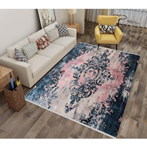 Pamuk Tabanlı Kaymaz Halı – Lacivert; Pembe; Krem – Damask Desen, Makinede Yıkanabilir, Kolay Temizlenebilir, Toz Ve Tüy Tutmaz, Evcil Hayvan Dostu 200x350 cm