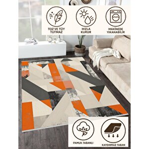 Pamuk Dokuma Taban Halı – Turuncu; Siyah; Gri; Krem – Geometrik Desen, Makinede Yıkanabilir, Kolay Temizlenebilir, Toz Ve Tüy Tutmaz, Kaymaz, Evcil Hayvan Dostu 180x270 cm