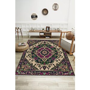 Pamuk Tabanlı Kaymaz Halı – Yeşil; Mor; Bej – Oriental Desen, Makinede Yıkanabilir, Kolay Temizlenebilir, Toz Ve Tüy Tutmaz, Evcil Hayvan Dostu