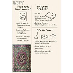 Pamuk Tabanlı Kaymaz Halı – Yeşil; Mor; Krem – Oriental Desen, Pamuk Dokuma Taban, Makinede Yıkanabilir, Kolay Temizlenebilir, Toz Ve Tüy Tutmaz, Kaymaz, Evcil Hayvan Dostu