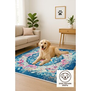 Yıkanabilir Halı – Mavi; Pembe; Sarı; Krem – Geleneksel Desen, Pamuk Dokuma Taban, Makinede Yıkanabilir, Kolay Temizlenebilir, Toz Ve Tüy Tutmaz, Kaymaz, Evcil Hayvan Dostu