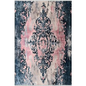 Pamuk Tabanlı Kaymaz Halı – Lacivert; Pembe; Krem – Damask Desen, Makinede Yıkanabilir, Kolay Temizlenebilir, Toz Ve Tüy Tutmaz, Evcil Hayvan Dostu 200x270 cm