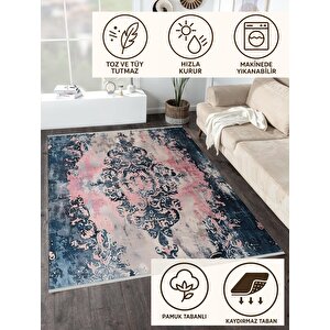 Pamuk Tabanlı Kaymaz Halı – Lacivert; Pembe; Krem – Damask Desen, Makinede Yıkanabilir, Kolay Temizlenebilir, Toz Ve Tüy Tutmaz, Evcil Hayvan Dostu