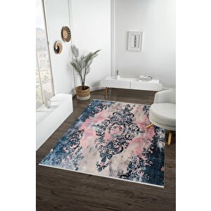 Pamuk Tabanlı Kaymaz Halı – Lacivert; Pembe; Krem – Damask Desen, Makinede Yıkanabilir, Kolay Temizlenebilir, Toz Ve Tüy Tutmaz, Evcil Hayvan Dostu