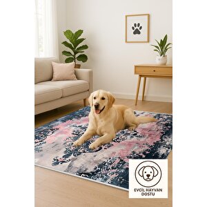 Pamuk Tabanlı Kaymaz Halı – Lacivert; Pembe; Krem – Damask Desen, Makinede Yıkanabilir, Kolay Temizlenebilir, Toz Ve Tüy Tutmaz, Evcil Hayvan Dostu