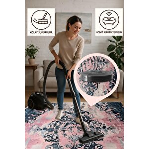 Pamuk Tabanlı Kaymaz Halı – Lacivert; Pembe; Krem – Damask Desen, Makinede Yıkanabilir, Kolay Temizlenebilir, Toz Ve Tüy Tutmaz, Evcil Hayvan Dostu