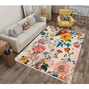 Pamuk Tabanlı Kaymaz Halı – Pembe; Sarı; Mavi; Yeşil – Floral Desen, Makinede Yıkanabilir, Kolay Temizlenebilir, Toz Ve Tüy Tutmaz, Evcil Hayvan Dostu