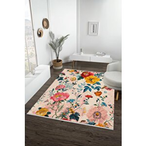 Pamuk Tabanlı Kaymaz Halı – Pembe; Sarı; Mavi; Yeşil – Floral Desen, Makinede Yıkanabilir, Kolay Temizlenebilir, Toz Ve Tüy Tutmaz, Evcil Hayvan Dostu