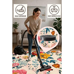 Pamuk Tabanlı Kaymaz Halı – Pembe; Sarı; Mavi; Yeşil – Floral Desen, Makinede Yıkanabilir, Kolay Temizlenebilir, Toz Ve Tüy Tutmaz, Evcil Hayvan Dostu