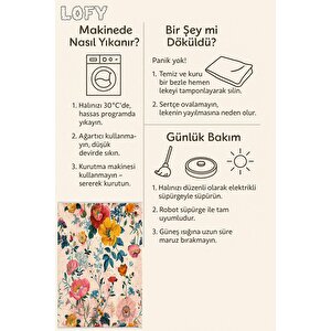 Pamuk Tabanlı Kaymaz Halı – Pembe; Sarı; Mavi; Yeşil – Floral Desen, Makinede Yıkanabilir, Kolay Temizlenebilir, Toz Ve Tüy Tutmaz, Evcil Hayvan Dostu