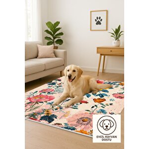 Pamuk Tabanlı Kaymaz Halı – Pembe; Sarı; Mavi; Yeşil – Floral Desen, Makinede Yıkanabilir, Kolay Temizlenebilir, Toz Ve Tüy Tutmaz, Evcil Hayvan Dostu