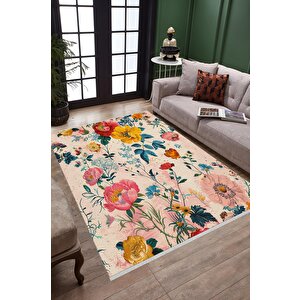Pamuk Tabanlı Kaymaz Halı – Pembe; Sarı; Mavi; Yeşil – Floral Desen, Makinede Yıkanabilir, Kolay Temizlenebilir, Toz Ve Tüy Tutmaz, Evcil Hayvan Dostu 200x220 cm