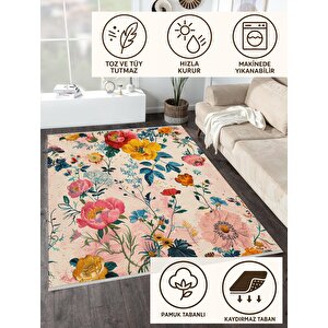 Pamuk Tabanlı Kaymaz Halı – Pembe; Sarı; Mavi; Yeşil – Floral Desen, Makinede Yıkanabilir, Kolay Temizlenebilir, Toz Ve Tüy Tutmaz, Evcil Hayvan Dostu 200x220 cm