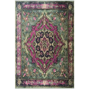 Pamuk Tabanlı Kaymaz Halı – Yeşil; Mor; Krem – Oriental Desen, Pamuk Dokuma Taban, Makinede Yıkanabilir, Kolay Temizlenebilir, Toz Ve Tüy Tutmaz, Kaymaz, Evcil Hayvan Dostu 160x180 cm