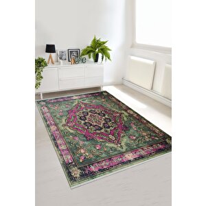Pamuk Tabanlı Kaymaz Halı – Yeşil; Mor; Krem – Oriental Desen, Pamuk Dokuma Taban, Makinede Yıkanabilir, Kolay Temizlenebilir, Toz Ve Tüy Tutmaz, Kaymaz, Evcil Hayvan Dostu 160x180 cm