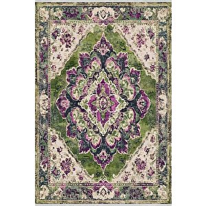 Pamuk Tabanlı Kaymaz Halı – Yeşil; Mor; Krem – Oriental Desen, Pamuk Dokuma Taban, Makinede Yıkanabilir, Kolay Temizlenebilir, Toz Ve Tüy Tutmaz, Kaymaz, Evcil Hayvan Dostu 200x220 cm