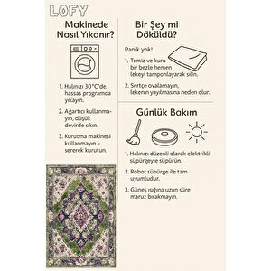 Pamuk Tabanlı Kaymaz Halı – Yeşil; Mor; Krem – Oriental Desen, Pamuk Dokuma Taban, Makinede Yıkanabilir, Kolay Temizlenebilir, Toz Ve Tüy Tutmaz, Kaymaz, Evcil Hayvan Dostu