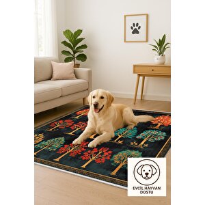 Pamuk Tabanlı Kaymaz Halı – Siyah; Kırmızı; Sarı; Turkuaz – Ağaç Desen, Makinede Yıkanabilir, Kolay Temizlenebilir, Toz Ve Tüy Tutmaz, Evcil Hayvan Dostu