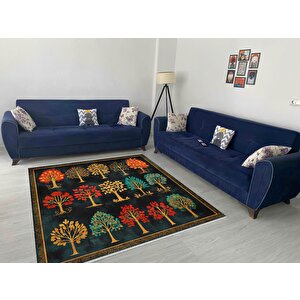 Pamuk Tabanlı Kaymaz Halı – Siyah; Kırmızı; Sarı; Turkuaz – Ağaç Desen, Makinede Yıkanabilir, Kolay Temizlenebilir, Toz Ve Tüy Tutmaz, Evcil Hayvan Dostu