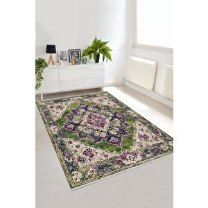 Pamuk Tabanlı Kaymaz Halı – Yeşil; Mor; Krem – Oriental Desen, Pamuk Dokuma Taban, Makinede Yıkanabilir, Kolay Temizlenebilir, Toz Ve Tüy Tutmaz, Kaymaz, Evcil Hayvan Dostu 80x80 cm