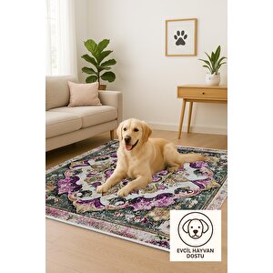 Pamuk Tabanlı Kaymaz Halı – Mor; Yeşil; Bej – Oriental Desen, Pamuk Dokuma Taban, Makinede Yıkanabilir, Kolay Temizlenebilir, Toz Ve Tüy Tutmaz, Kaymaz, Evcil Hayvan Dostu 150x300 cm