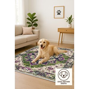 Pamuk Tabanlı Kaymaz Halı – Yeşil; Mor; Krem – Oriental Desen, Pamuk Dokuma Taban, Makinede Yıkanabilir, Kolay Temizlenebilir, Toz Ve Tüy Tutmaz, Kaymaz, Evcil Hayvan Dostu 180x200 cm
