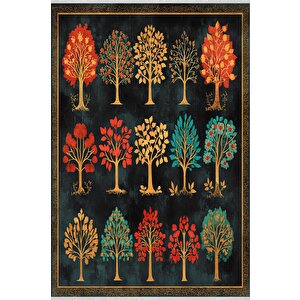 Pamuk Tabanlı Kaymaz Halı – Siyah; Kırmızı; Sarı; Turkuaz – Ağaç Desen, Makinede Yıkanabilir, Kolay Temizlenebilir, Toz Ve Tüy Tutmaz, Evcil Hayvan Dostu 100x100 cm