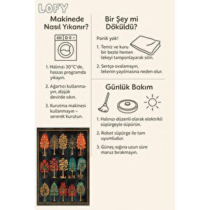 Pamuk Tabanlı Kaymaz Halı – Siyah; Kırmızı; Sarı; Turkuaz – Ağaç Desen, Makinede Yıkanabilir, Kolay Temizlenebilir, Toz Ve Tüy Tutmaz, Evcil Hayvan Dostu 100x100 cm