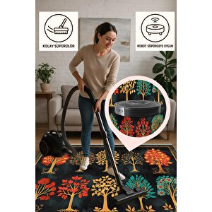 Pamuk Tabanlı Kaymaz Halı – Siyah; Kırmızı; Sarı; Turkuaz – Ağaç Desen, Makinede Yıkanabilir, Kolay Temizlenebilir, Toz Ve Tüy Tutmaz, Evcil Hayvan Dostu