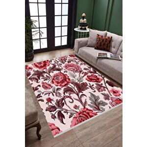 Pamuk Tabanlı Kaymaz Halı – Pembe; Kırmızı; Gri – Floral Desen, Makinede Yıkanabilir, Kolay Temizlenebilir, Toz Ve Tüy Tutmaz, Evcil Hayvan Dostu 160x350 cm