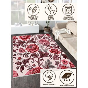 Pamuk Tabanlı Kaymaz Halı – Pembe; Kırmızı; Gri – Floral Desen, Makinede Yıkanabilir, Kolay Temizlenebilir, Toz Ve Tüy Tutmaz, Evcil Hayvan Dostu 160x350 cm