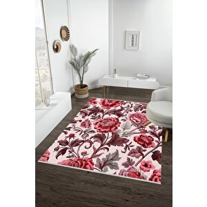 Pamuk Tabanlı Kaymaz Halı – Pembe; Kırmızı; Gri – Floral Desen, Makinede Yıkanabilir, Kolay Temizlenebilir, Toz Ve Tüy Tutmaz, Evcil Hayvan Dostu