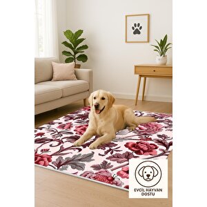 Pamuk Tabanlı Kaymaz Halı – Pembe; Kırmızı; Gri – Floral Desen, Makinede Yıkanabilir, Kolay Temizlenebilir, Toz Ve Tüy Tutmaz, Evcil Hayvan Dostu