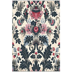 Pamuk Tabanlı Kaymaz Halı – Lacivert; Pembe; Krem – Floral Desen, Makinede Yıkanabilir, Kolay Temizlenebilir, Toz Ve Tüy Tutmaz, Evcil Hayvan Dostu 100x180 cm