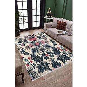Pamuk Tabanlı Kaymaz Halı – Lacivert; Pembe; Krem – Floral Desen, Makinede Yıkanabilir, Kolay Temizlenebilir, Toz Ve Tüy Tutmaz, Evcil Hayvan Dostu 100x180 cm