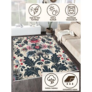 Pamuk Tabanlı Kaymaz Halı – Lacivert; Pembe; Krem – Floral Desen, Makinede Yıkanabilir, Kolay Temizlenebilir, Toz Ve Tüy Tutmaz, Evcil Hayvan Dostu 180x200 cm