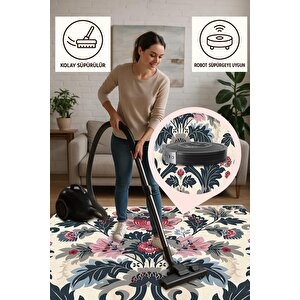 Pamuk Tabanlı Kaymaz Halı – Lacivert; Pembe; Krem – Floral Desen, Makinede Yıkanabilir, Kolay Temizlenebilir, Toz Ve Tüy Tutmaz, Evcil Hayvan Dostu