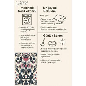 Pamuk Tabanlı Kaymaz Halı – Lacivert; Pembe; Krem – Floral Desen, Makinede Yıkanabilir, Kolay Temizlenebilir, Toz Ve Tüy Tutmaz, Evcil Hayvan Dostu