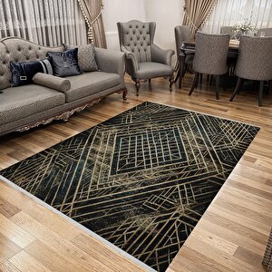 Pamuk Tabanlı Kaymaz Halı – Siyah; Altın – Geometric Desen, Makinede Yıkanabilir, Kolay Temizlenebilir, Toz Ve Tüy Tutmaz, Evcil Hayvan Dostu 160x180 cm