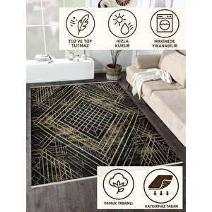 Pamuk Tabanlı Kaymaz Halı – Siyah; Altın – Geometric Desen, Makinede Yıkanabilir, Kolay Temizlenebilir, Toz Ve Tüy Tutmaz, Evcil Hayvan Dostu 160x180 cm