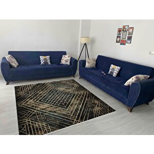 Pamuk Tabanlı Kaymaz Halı – Siyah; Altın – Geometric Desen, Makinede Yıkanabilir, Kolay Temizlenebilir, Toz Ve Tüy Tutmaz, Evcil Hayvan Dostu