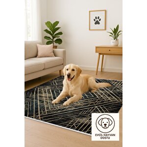 Pamuk Tabanlı Kaymaz Halı – Siyah; Altın – Geometric Desen, Makinede Yıkanabilir, Kolay Temizlenebilir, Toz Ve Tüy Tutmaz, Evcil Hayvan Dostu